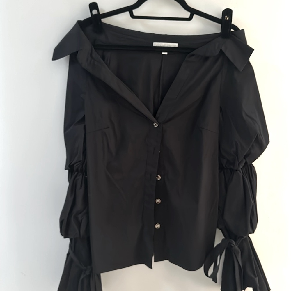 Caroline Constas black puffy sleeve widespread neck blouse size L